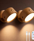 USB Rechargeable Wall Light Set Two Pack With 360 Degree Rotating Magnetic Heads Adjustable Sconce Lighting Featuring Three Color Temperatures and Stepless Dimming Remote Control For Bedroom Hallway Bedside showing wood grain finish with remote and USB cable included