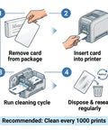 Instructional steps for using adhesive cleaning cards for Datacard printers; cleaning cycle, disposal, and insertion process.