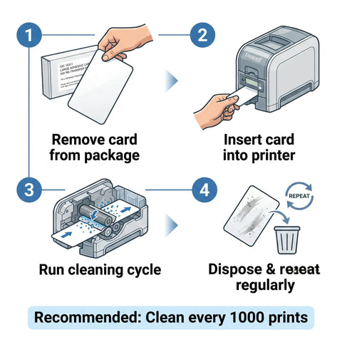 Instructional steps for using adhesive cleaning cards for Datacard printers; cleaning cycle, disposal, and insertion process.