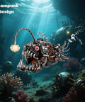 Angler Fish Mechanical Building Block Set With Lights Dope STEM Toy for kids and adults shown with glowing bait light undersea.
