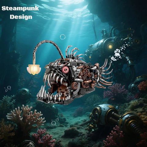 Angler Fish Mechanical Building Block Set With Lights Dope STEM Toy for kids and adults shown with glowing bait light undersea.