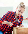 Woman using Pink 150 Piece All Purpose Tool Kit In Tool Box Storage Case For DIY Home Repairs And Projects Perfect For Garage Office Dorm And College Use Women Ladies And Girls