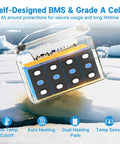 Bad Boy 12V 100Ah Lithium Iron Phosphate Battery featuring auto heating thermal BMS with clear casing on ice.