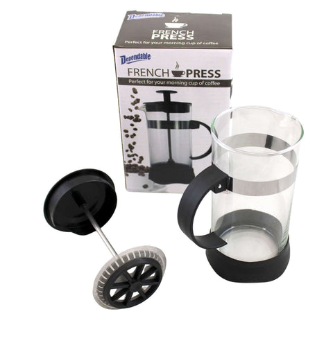 12 Ounce Glass French Press Coffee And Tea Brewer For Single Cup Brews Easy To Use With Durable Heat Resistant Glass And Plastic Exterior Reusable Mesh Filter And Smooth Pour Spout Compact 7 Inch Tall, shown with packaging