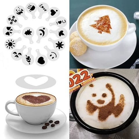 Various coffee stencils and decorated lattes showcasing shapes made with the Rechargeable Milk Frother With Three Speed Electric Handheld Coffee Mixer.