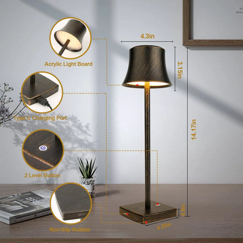 Cordless LED Desk Lamp Pack Of 2, Rechargeable Battery Powered Table Lights with dimensions and features like USB-C charging, 3 dimming levels.