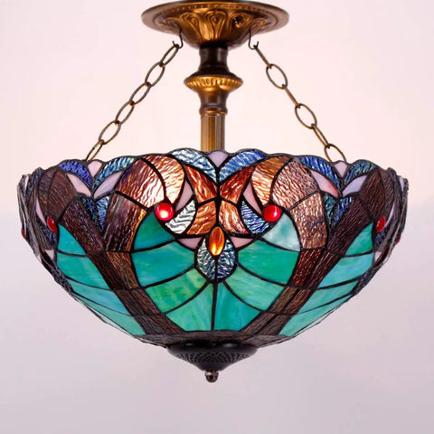 Green Liaison Tiffany Style Stained Glass Ceiling Light Fixture Semi Flush Mount Lamp With 16 Inch Shade And 15 Inch Height