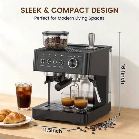 Twenty Bar Espresso Machine With Integrated Conical Burr Grinder And Thirty Precision Grind Settings, Features High Pressure Pump And Calibrated Milk Frother Steam Wand For All Day Grind And Latte Magic with glasses of espresso