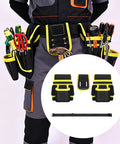 Heavy Duty Oxford Nylon Utility Belt Bag With Water Resistant Coating And Reinforced Stitching Built Tough For Electricians Handymen And Real World Job Sites, worn by a worker, showing multiple pockets and tools.