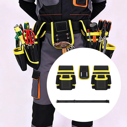 Heavy Duty Oxford Nylon Utility Belt Bag With Water Resistant Coating And Reinforced Stitching Built Tough For Electricians Handymen And Real World Job Sites, worn by a worker, showing multiple pockets and tools.