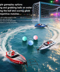 Two high speed RC boats for pool and lake with soccer goals and balls, showcasing LED lights and water gameplay for ages 8 to 12.