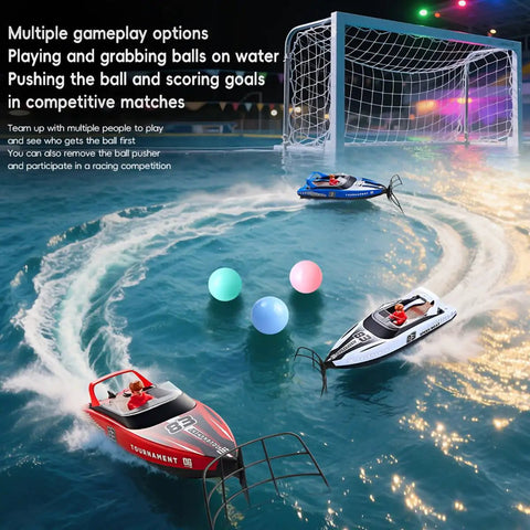Two high speed RC boats for pool and lake with soccer goals and balls, showcasing LED lights and water gameplay for ages 8 to 12.