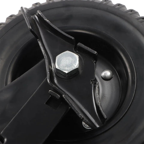 No Sweat Heavy Duty 8 Inch Black Gate Caster Wheels Rated For A Sturdy 600 Lb Load close-up of wheel assembly with hex nut.