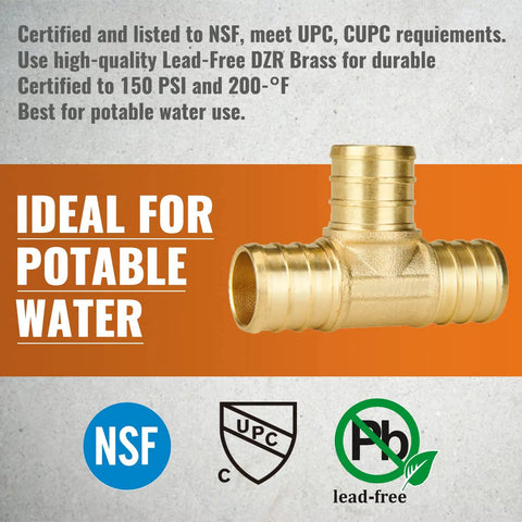12 Pack Three Quarter Inch PEX Tee Fittings No Lead Brass Crimp Tee Fittings For Plumbing, corrosion resistant, ideal for potable water