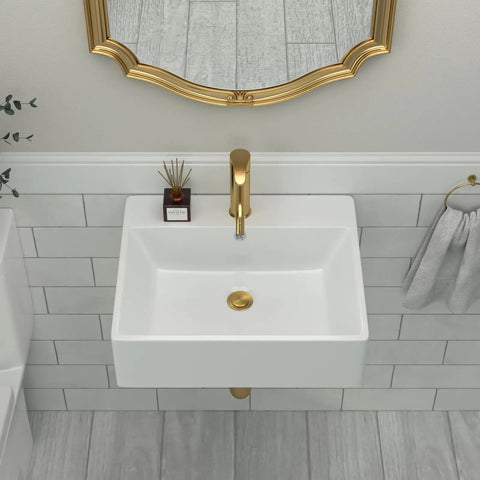 Wall Mounted Vessel Sink for Bathrooms, 20 by 18 Inch Rectangle White Porcelain Ceramic Vessel Sink With Faucet Hole and Overflow