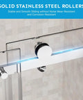 Close-up of Frameless Sliding Shower Door 48x72 Inches With 1/4 Inch Tempered Glass, Heavy-Duty 304 Stainless Steel Hardware rollers.
