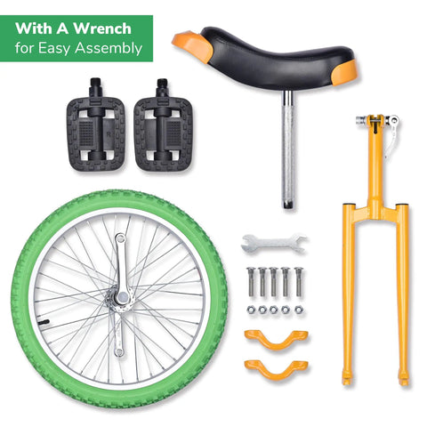 20 Inch Outdoor Unicycle With Adjustable Seat For Adults And Kids, Durable Manganese Steel Frame, Green Tire, Yellow Frame