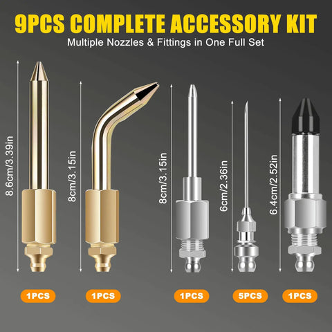 9 Piece Grease Gun Accessory Kit With Bent And Straight Needle Tips, Nozzles, Rubber Joint Fitting, Elbow Adapter.