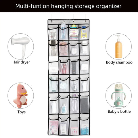 Over The Door Space Saver Shoe Organizer With 24 Mesh Pockets Hanging Shoe Rack for toiletries and accessories in black