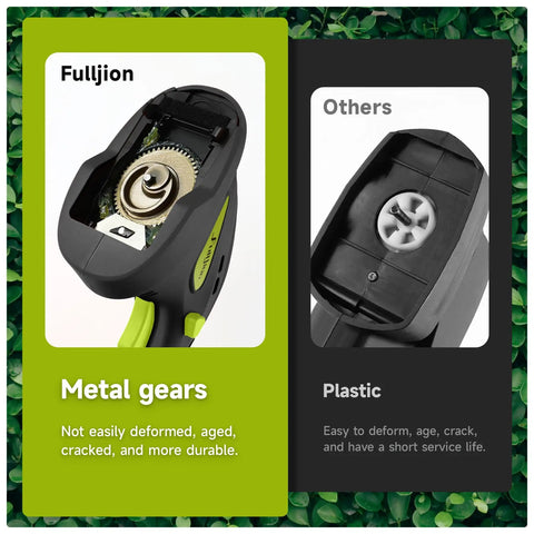 Tough As Nails 21 Volt Cordless Hedge Trimmer And Grass Shears showing metal gears for durability vs. plastic parts.