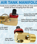 Air Tank Valve Kit With Safety Manifold And 0-200 PSI Gauge, 4 Ft Air Hose, Thread Seal Tape, Grab-and-Go Portable Tank Repair Set, 3 Piece Easy Fix For Quick Leaks And Maintenance., brass air tank manifold with on/off knob, 1/2 MNPT and 1/4 FNPT ports