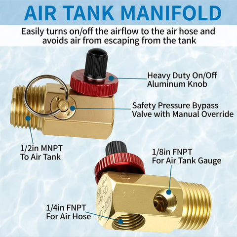 Air Tank Valve Kit With Safety Manifold And 0-200 PSI Gauge, 4 Ft Air Hose, Thread Seal Tape, Grab-and-Go Portable Tank Repair Set, 3 Piece Easy Fix For Quick Leaks And Maintenance., brass air tank manifold with on/off knob, 1/2 MNPT and 1/4 FNPT ports