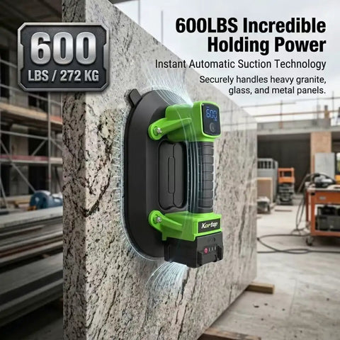 Hella Heavy Duty Electric Suction Lifter For Glass, Granite & Tile displaying 600lbs holding power on a stone surface.
