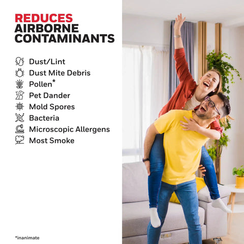 Man and woman indoors next to text listing contaminants reduced by air filter, like dust, pollen, and smoke particles.