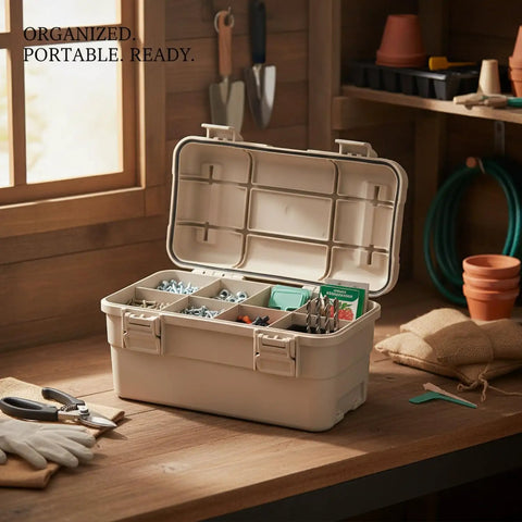 Portable Tool Box With Divider For Hardware And Crafts on wooden table, open showing screws, nuts, organizer size 14.3x7.1x5.4 in