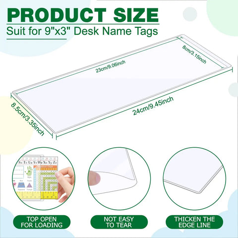 Diagram showing product size for Clear Reusable Nameplate Pockets, 25 Pack, 9.5 X 3.4 Inches, Self-Adhesive Desk Name Tag Covers.
