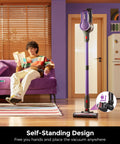 Cordless Vacuum Cleaner With 500W Motor And 45KPa Suction standing upright in a living room, showcasing self-standing design.