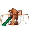 Skyfort II Cedar Wood Swing Set With Wave Slide, Raised Clubhouse, Crow's Nest, Rock Wall, Belt Swings for Backyard Fun