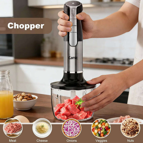 Cordless Hand Blender That Hits Different With Six Speed Settings And Four Versatile Attachments Including Chopper Whisk And Frother For Effortless Meal Prep in kitchen with meat.