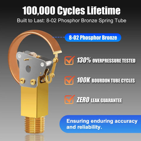Top Notch Pro Grade Pool And Home Pressure Gauge 0 To 60 PSI close-up of phosphor bronze spring tube details with text annotations.