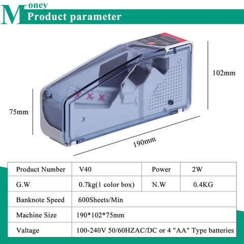 Portable Money Counter Machine Mini Bill Counter for fast cash counting with dimensions and specifications