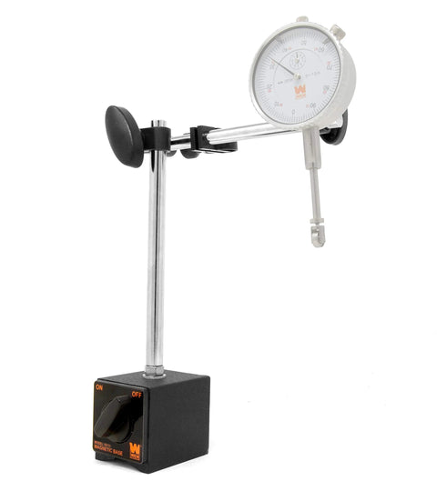 WEN 10711 dial-indicator magnetic base on a silver adjustable arm with a black base