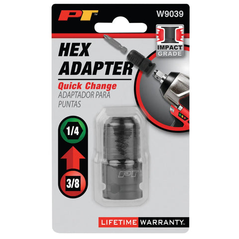 Rock Solid 3/8 To 1/4 Inch Hex Impact Adapter With Positive Locking Collar And Quick Change Swap, packaged for use.