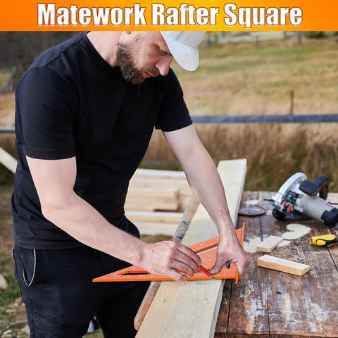 Pro Grade 12 Inch Carpenter Square And Rafter Square With Laser Etched Scale used for measuring wood on a workbench.