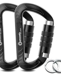 Two black 3 Inch Auto Locking Carabiner Clip Heavy Duty Beefy 12kN Strength 2697 Lbs Lightweight Keychain Carabiners For Camping Hiking Hammock Swing Backpack Dog Leash Harness Use with silver rings