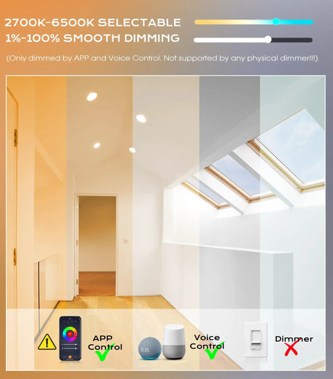 4 Inch Gimbal Smart WiFi LED Recessed Lights Kit RGB CW Color Changing Works With Alexa And Google Home No Hub Required 2700K To 6500K IC Rated Pack Of 4 installed in hallway with dimming feature shown.
