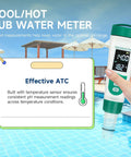 Person using 5-In-1 Digital pH Meter With Backlit Display at pool, showing readings for pH EC TDS Salinity and Temperature.