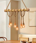 Six Heads Hemp Rope Pendant Light With Vintage Bamboo Chandeliers Fixture For Kitchen Island And Rustic Industrial Hanging Lamp