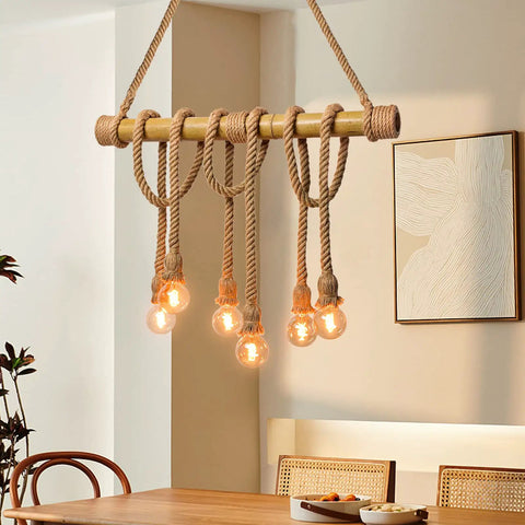 Six Heads Hemp Rope Pendant Light With Vintage Bamboo Chandeliers Fixture For Kitchen Island And Rustic Industrial Hanging Lamp