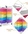 Front view of 15 Drawer Rolling Storage Cart With Lockable Wheels A Handy Multipurpose Rainbow Organizer For Home Office And School With Top Shelf For Easy Sorting And Grab And Go Access, featuring colorful drawers, metal frame, and top shelf.