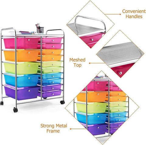 Front view of 15 Drawer Rolling Storage Cart With Lockable Wheels A Handy Multipurpose Rainbow Organizer For Home Office And School With Top Shelf For Easy Sorting And Grab And Go Access, featuring colorful drawers, metal frame, and top shelf.