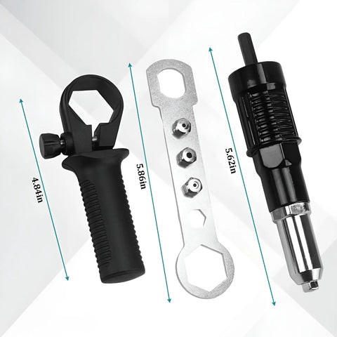 Heavy Duty Pop Rivet Gun Adapter Kit For Cordless Electric Drills with aluminum parts and a rubber grip handle.