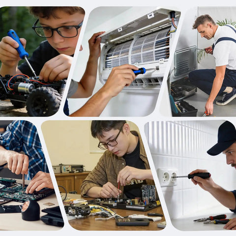 Collage of people using tools for DIY repairs, illustrating diverse projects from electronics to home appliance maintenance.