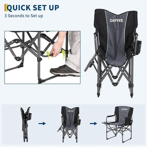 Quick setup demonstration of Oversized Directors Camping Chair With Side Table, showing folding mechanism and setup time.
