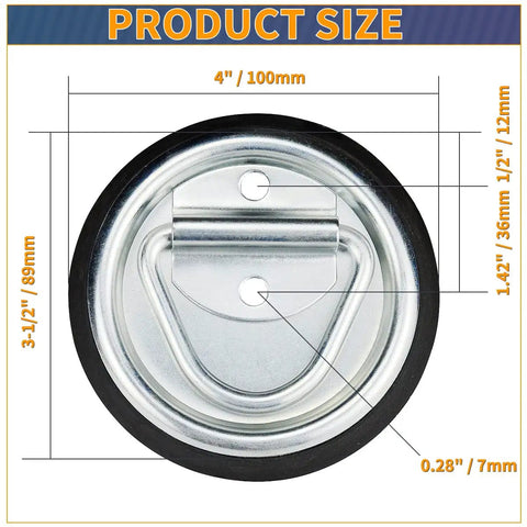 Heavy Duty D Ring Tie Down Anchors Four Inch Flush Surface Mount Hardware Four Pack, size dimensions shown on product.
