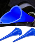 2 Pack Long Neck Oil Funnel for Cars and Engines Multi Function Plastic Fuel And Lubricant Funnel for Easy Oil Filling Universal Engine Oil Funnel Set Blue, close-up and installed view